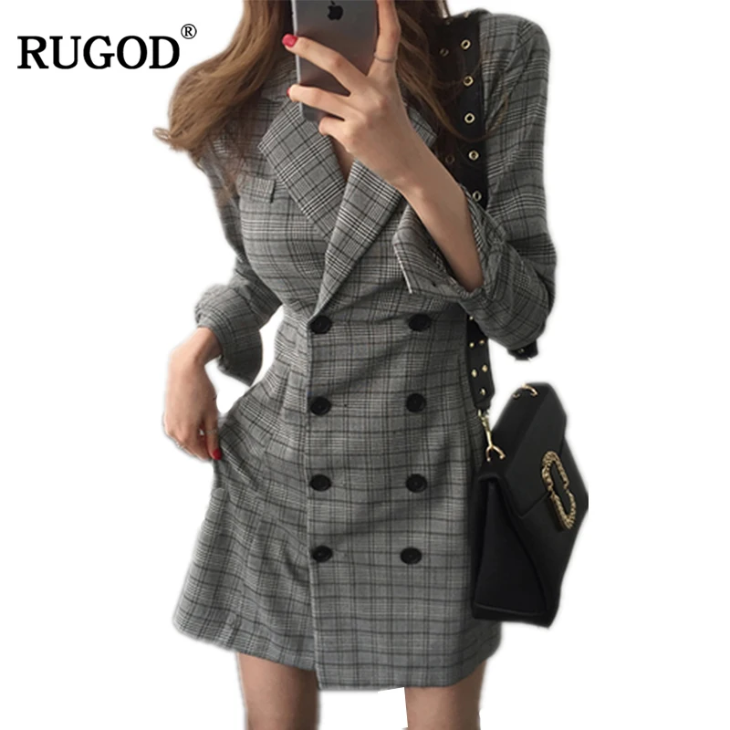 Koop RUGOD 2018 Nieuwste Vrouwen OL Slanke Blazer Jurk Vrouwelijke Notched Lange Mouwen Plaid Dress Casual Lange Kantoor Werk Bovenkleding