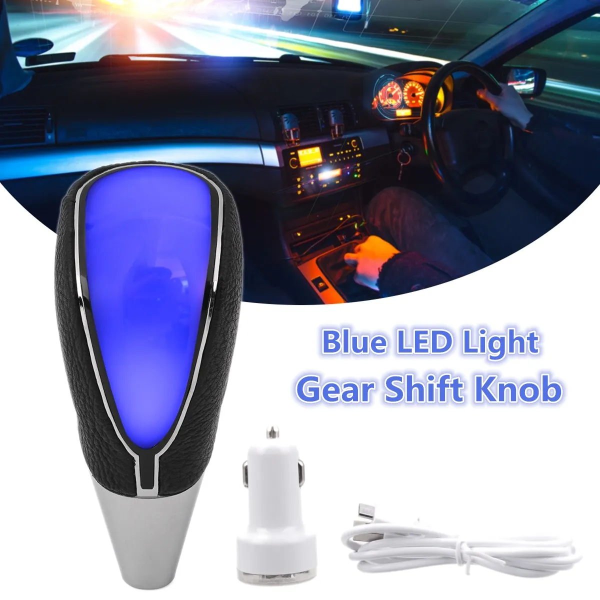 

Universal Multi-Color Blue Red White LED Light Gear Shift Knob Touch Activated Sensor USB Cigarette Charger