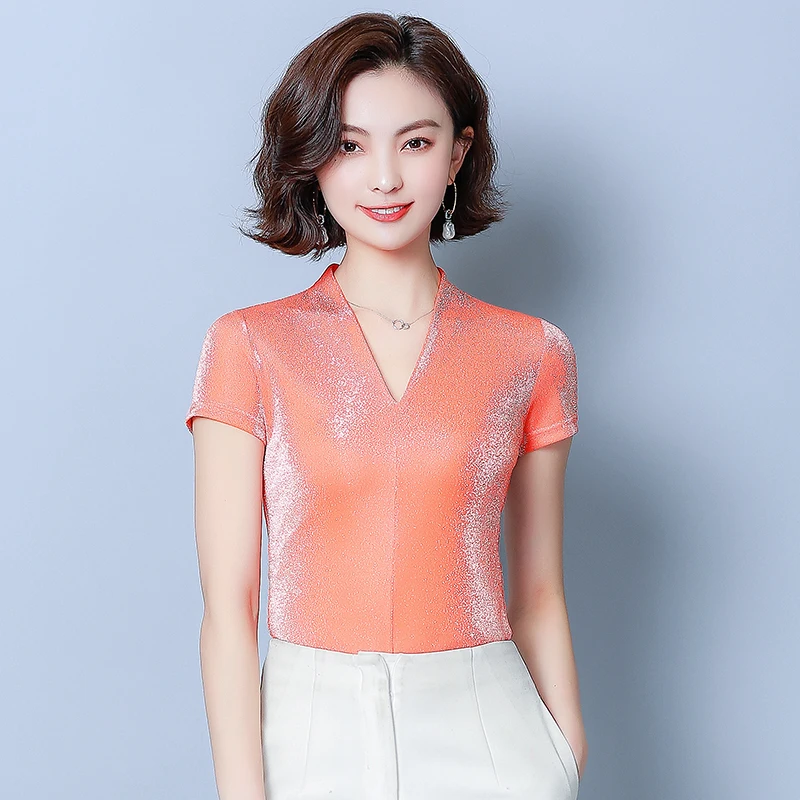 

Elegant Solid Yarn Shirts Pullover Tops V-neck Short Sleeve Blusas New Summer Women Blouses Slim Underwear 6 Colors Z2026