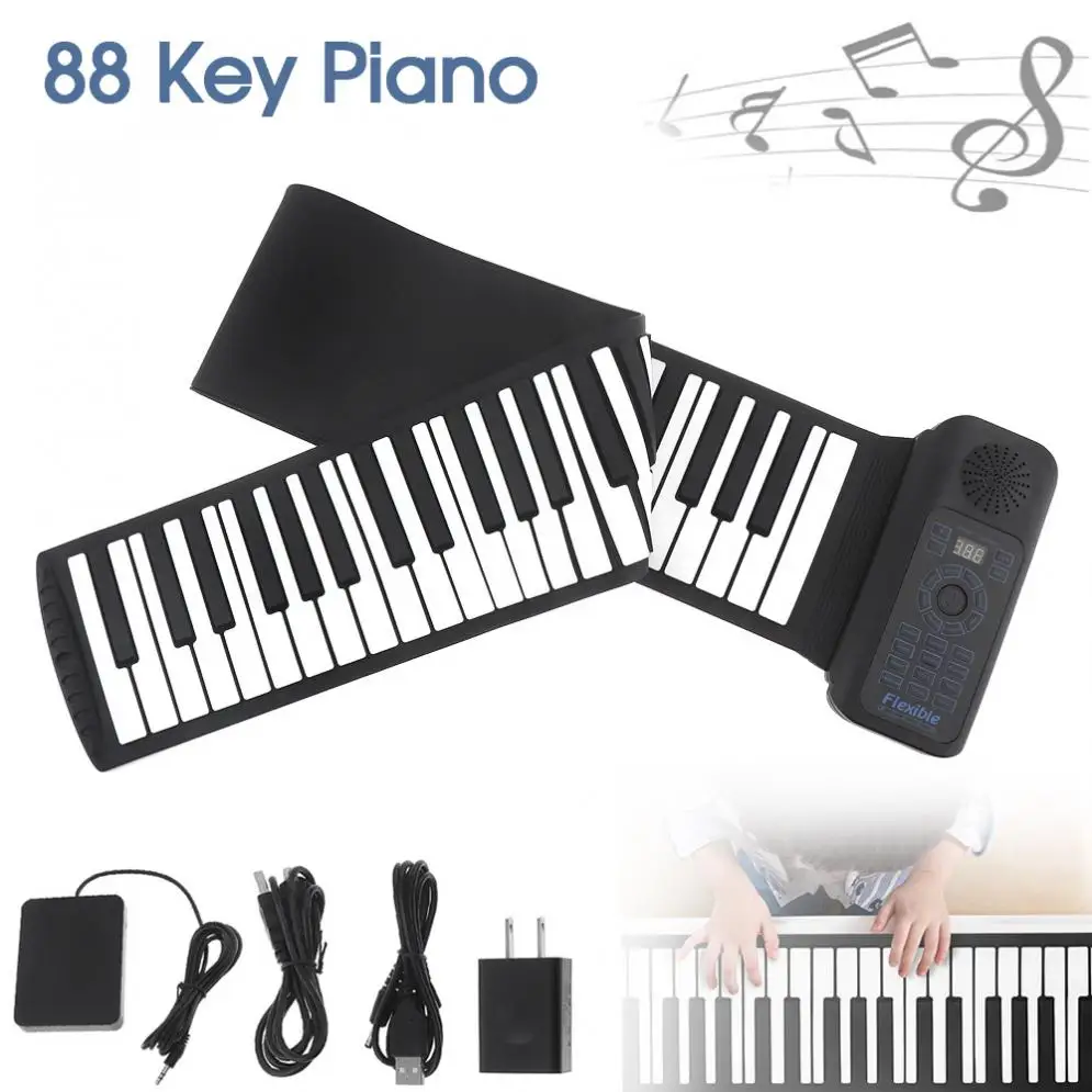 Дешево Портативный 88 клавиш USB MIDI рулонное пианино электронное пианино силиконовая Гибкая клавиатура орган встроенный динамик с сустейной педаль...