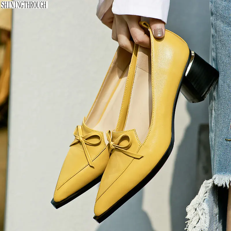 Г., женские туфли-лодочки из натуральной кожи туфли на высоком каблуке с острым носком и бантом женская обувь черного, желтого, бежевого цвета