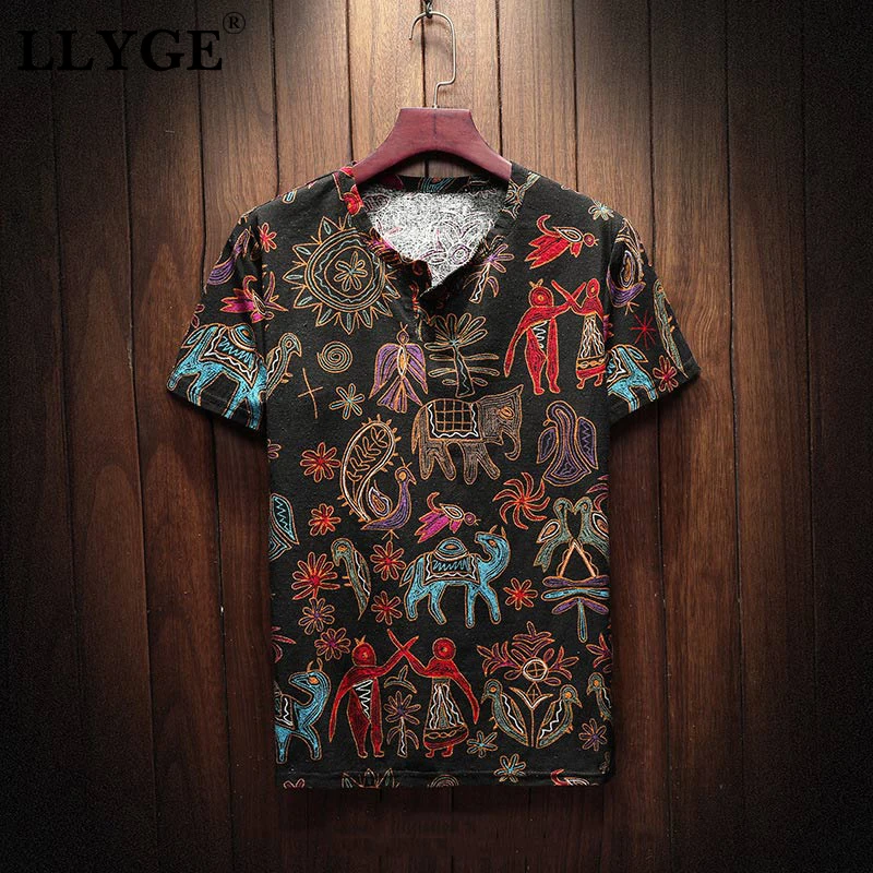 

Thin Floral Cotton Linen Summer Men TShirt Short Sleeve Mens V-Neck T-Shirts 2019 Spring Chinese Traditional Male Streetwear Top