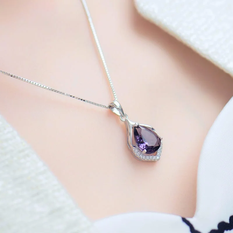 OMHXZJ European Fashion Woman Girl Party Wedding Gift Amethyst Zircon 925 Sterling Silver Necklace Pendant Charm CA88