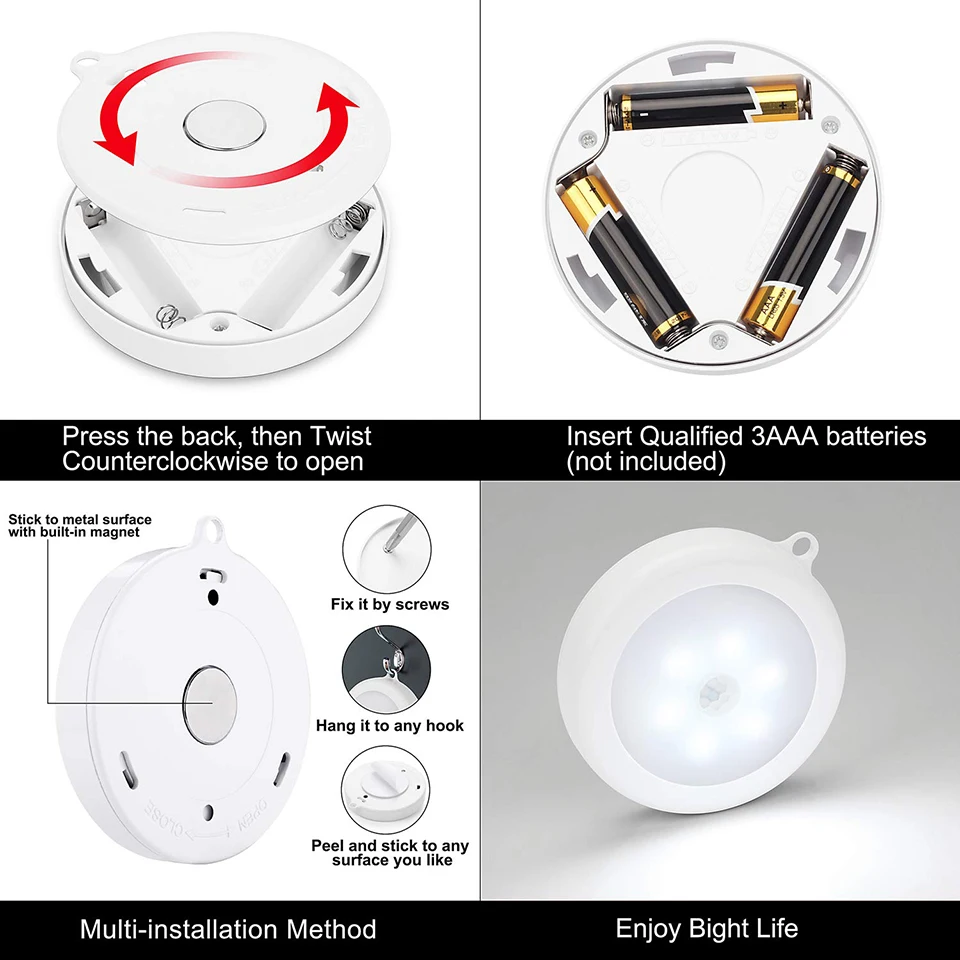  Led Night Light With Motion Sensor Battery Operated 6LED PIR Induction Wall Lamp Auto On/Off Magnet - 32999263491