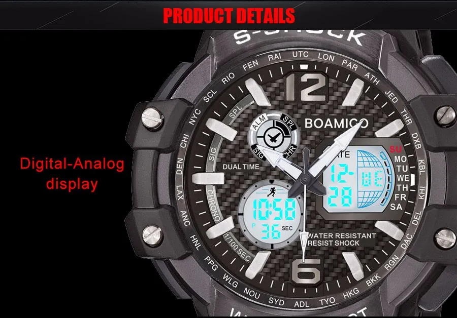 S Shock мужские спортивные часы BOAMIGO брендовые аналоговые цифровые светодиодный электронные кварцевые часы 50 м водонепроницаемые часы для плавания Reloj Hombre