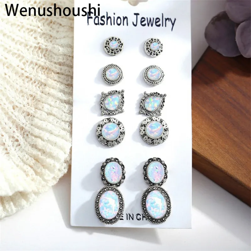 

WENUSHOUSHI 6 pairs/set Bohemia bijoux femme Vintage ethnic cloud acrylic stone stud earrings set for women gifts girl wuce100
