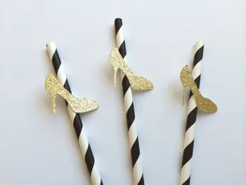 

Black Paper Straws with Gold Glitter Stilettos Wedding bridal shower Bachelorette Decoration Drinks tea party straw