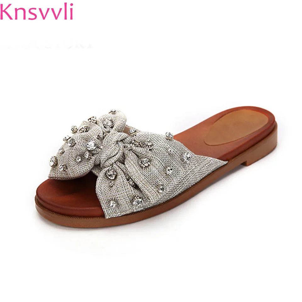 

Knsvvli summer fashion women slippers blue bowknot rhinestone denim light grey outdoor casual comfortable flat heel woman shoes