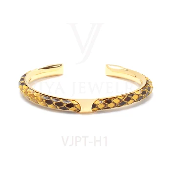 

Luxury DIY Handmade Men Python Leather Jewelry Cuff Bracelet Glossy Yellow Python Leather Cord & Black Hardware Men Cuff Bangles