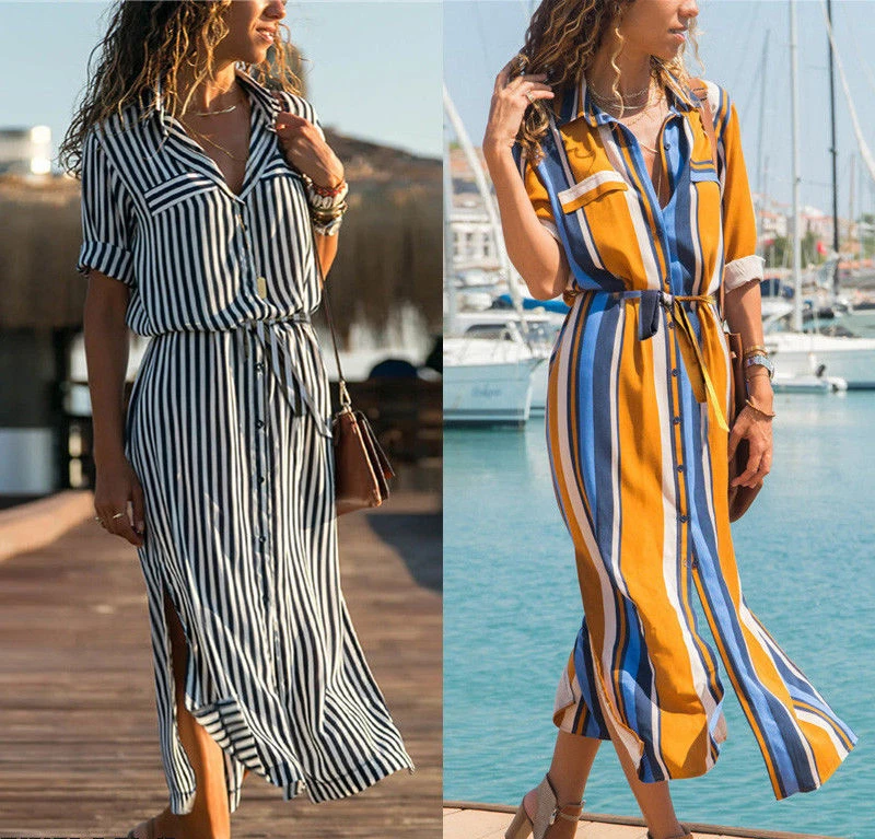 

Spring Women's Stripe T-Shirt Long Sleeve Casual Loose Beach Dress Bikini Cover Ups Blouse Long Dress Swimwear Button Closed