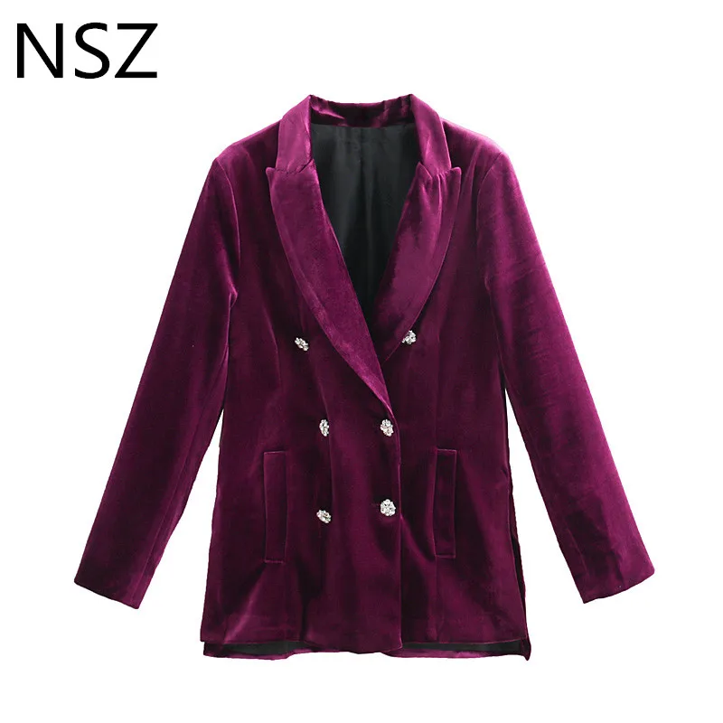 Women Purple Velvet Blazer Double Breasted Jacket With Peal Button Back Split Long Sleeve Velour Coat Female Elegant Outerwear | Женская