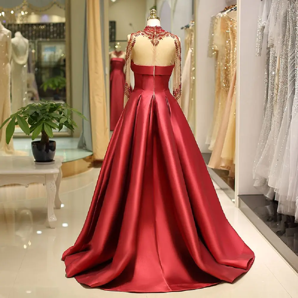 Evening Dresses Long sleeves red crystals Flower luxury prom gown satin fabric women Formal Party Evening Dresses Dress