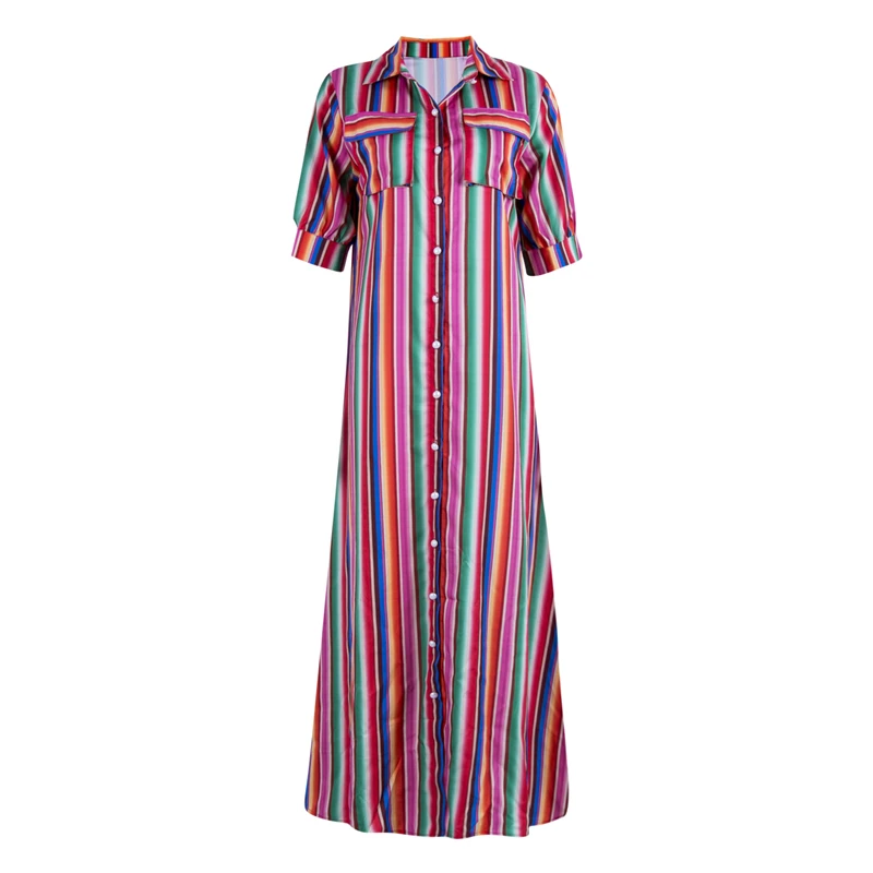 Hot Selling Sexy Womens Summer Striped Long Maxi Dress Short Sleeve Women Fashion Street Wear Evening Party Button Cotton Dress