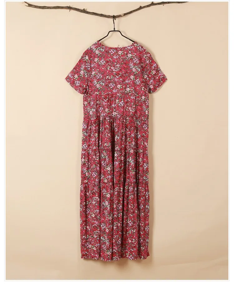 LZJN, летнее пляжное платье,, маленький цветок, макси, платье-рубашка для женщин, этническое платье, Femme, деревянная пуговица, пэтчворк, длинное богемное платье