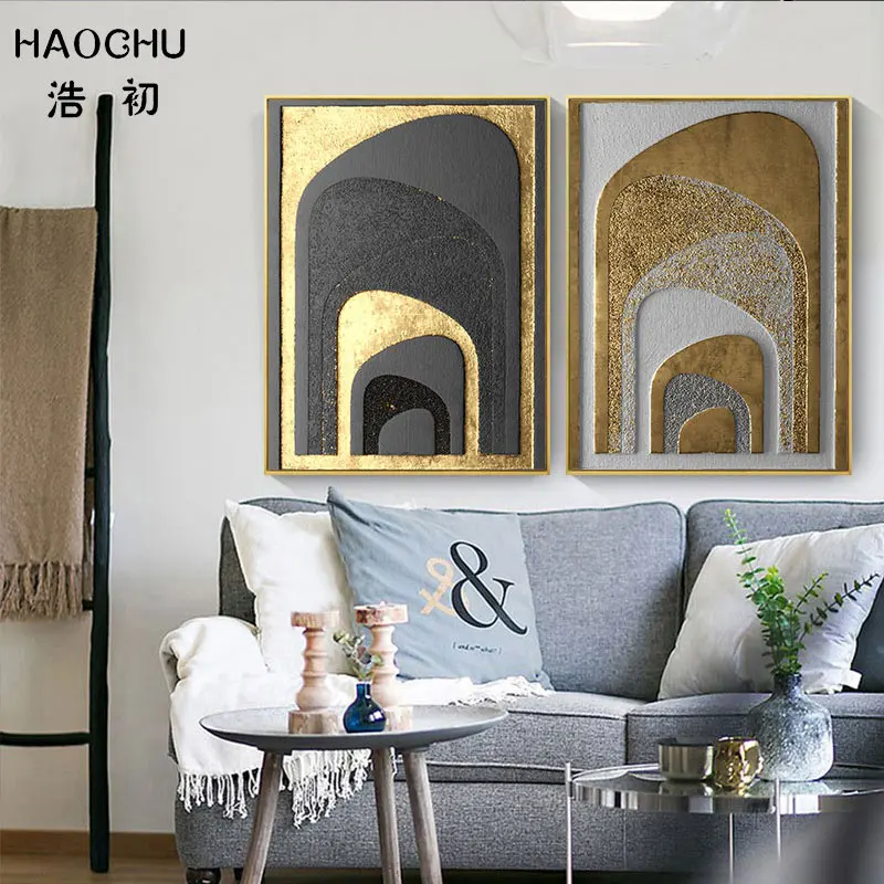 

HAOCHU Black & White Abstract Canvas Painting for Corridor Vintage Palace Gold Foil Abstract Art Poster Print Decor Pictures