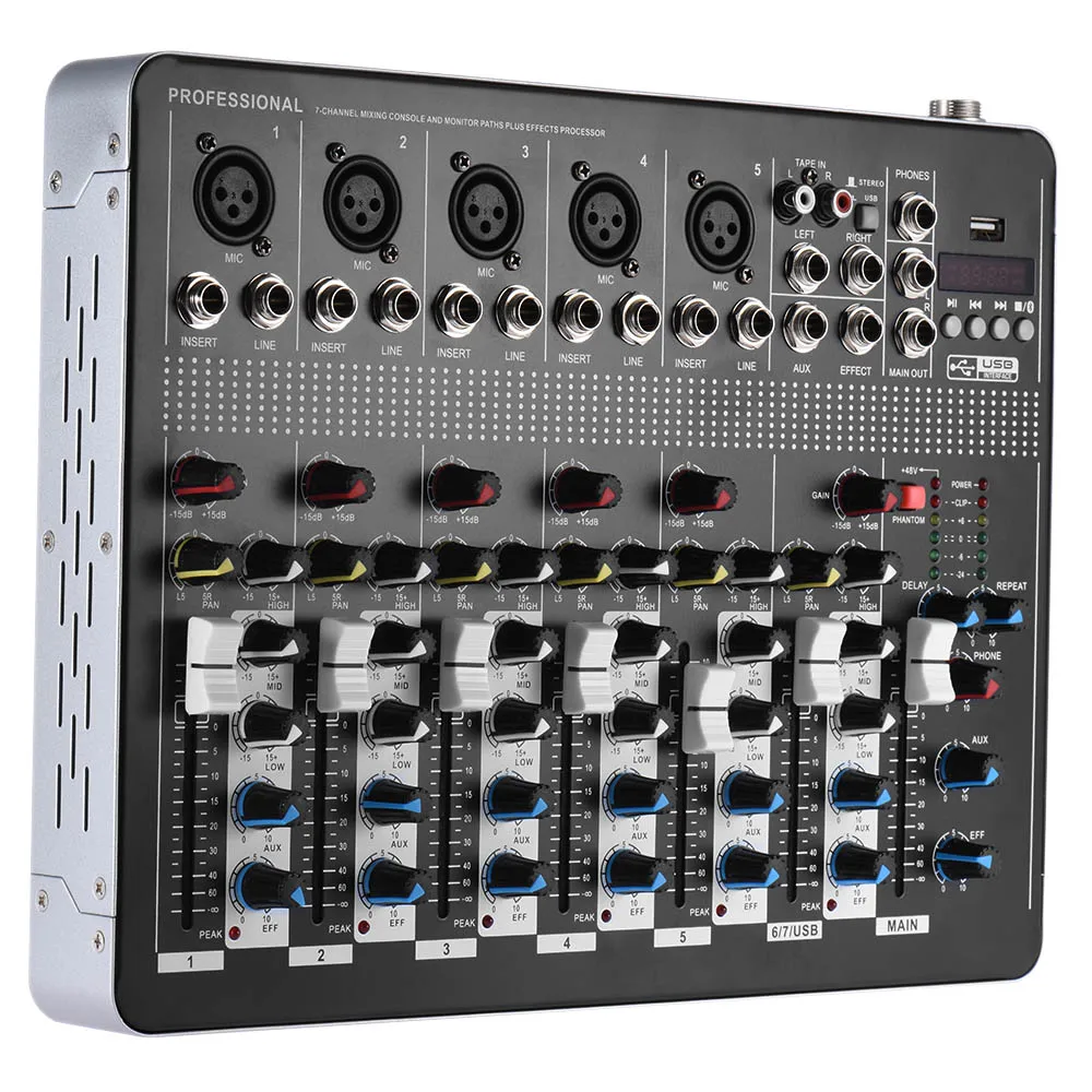 

Professional 7-Channel Mic Line Audio Mixer Mixing Console with 3-band EQ 48V Phantom Power USB Interface