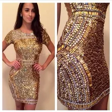 Bare Low Back Kurzarm Schweres Wulstiges Kurze Gold Strass Prom Kleider 2017