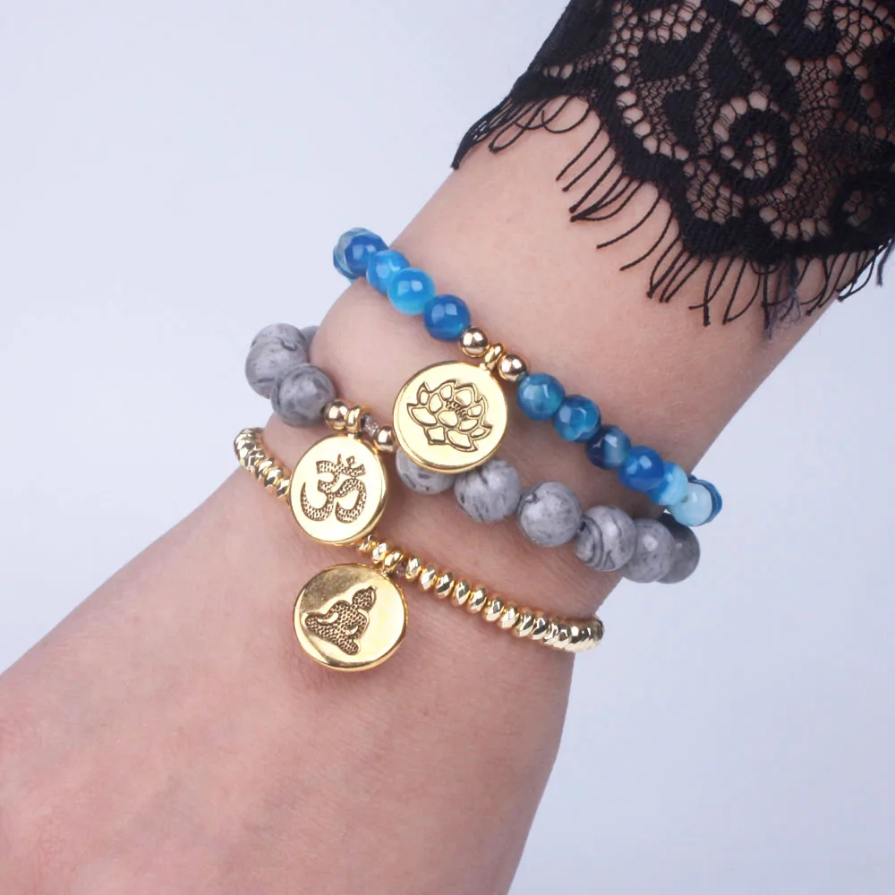 3pcs Mix/set Natural Stone Lotus OM Buddha Charm Bracelet For Women Set