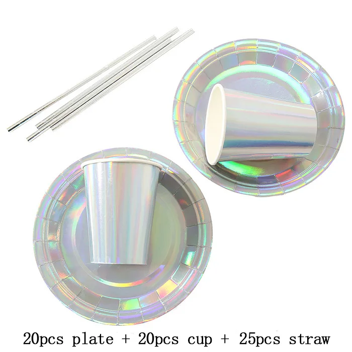 65pcs/set Bronzing Golden Disposable Tableware sets Paper Plates/Cup/Straws wedding kids Birthday Party decor Supplies - Color: silver