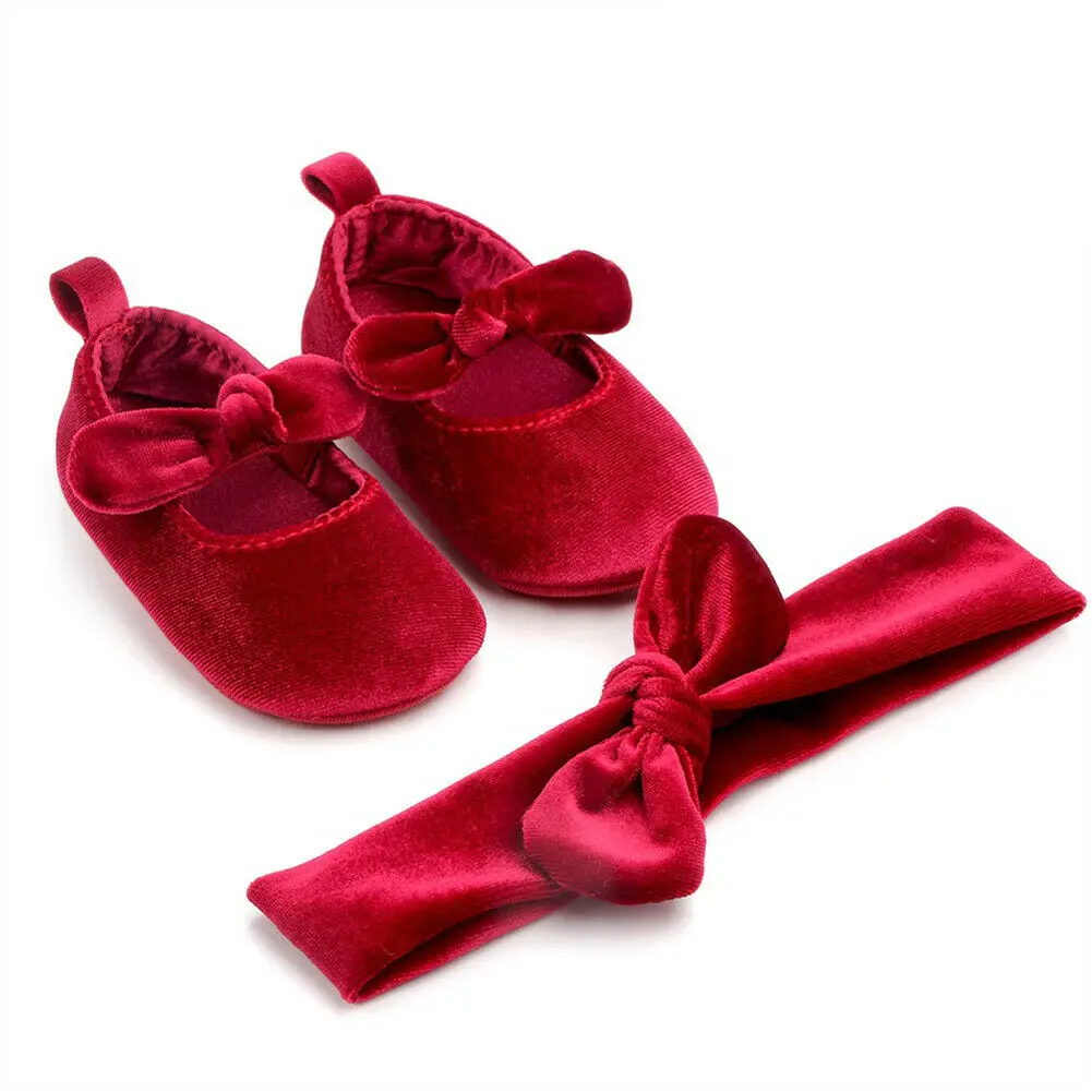 

Newborn Baby Girl Soft Gold Velvet Cute Princess Soft Sole Shoes With Hairband Infant Bowknot First Walking Anti-slip 0-18M