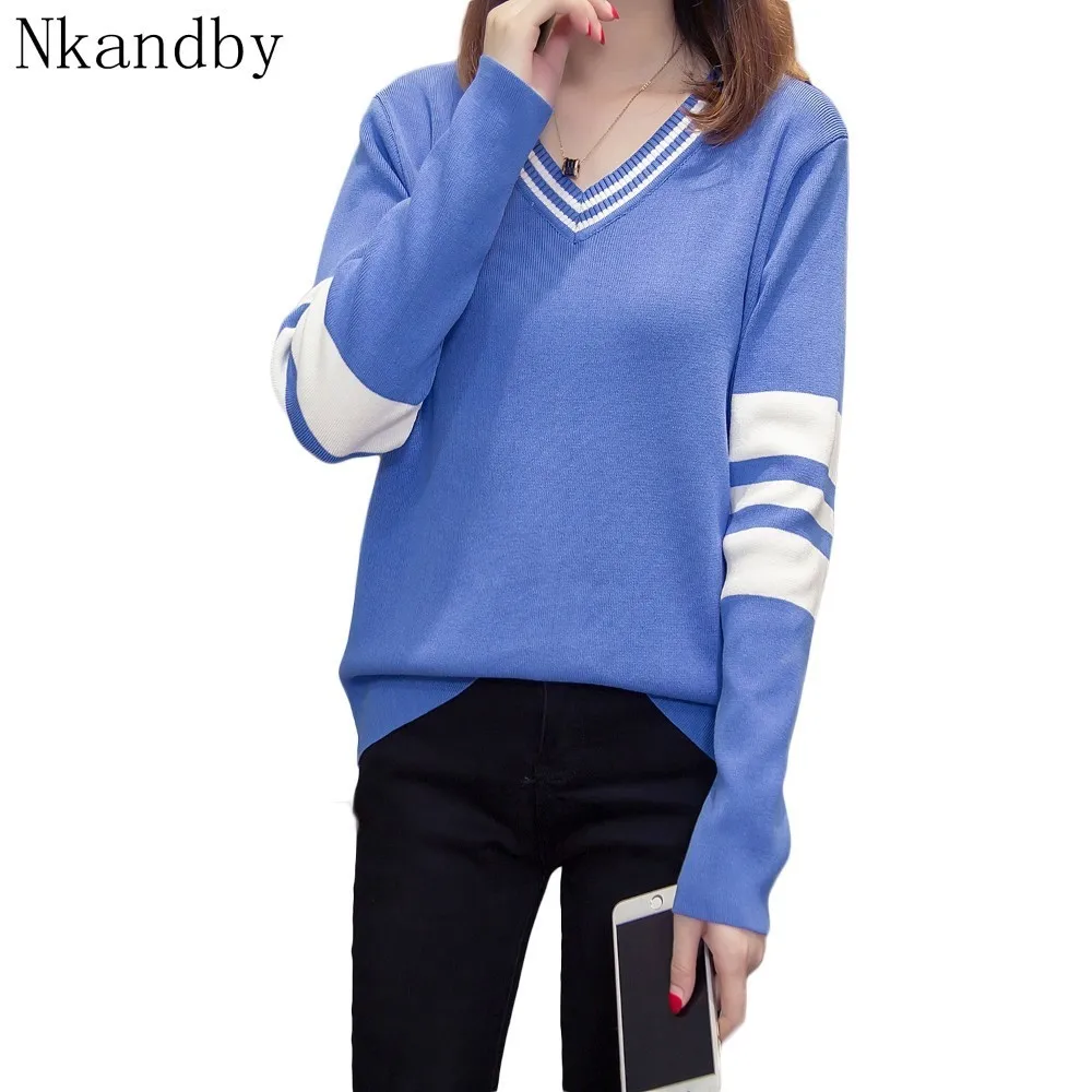 

Plus Size Spliced Sweater Women 2019 Autumn Casual Loose V Neck Knitted Tops Oversize Long Sleeve Pullovers Jumper Femme Korean