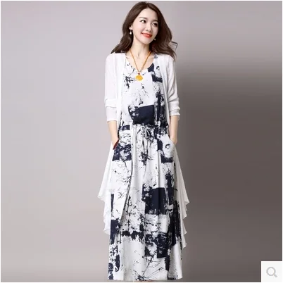 Vintage Dresses Summer 2017 Chinese Ink And Wash Painting Printed Vintage Dresses Summer 2017 Chinese Ink And Wash Painting Printed Long Cotton Linen Set 2 Pieces Women Casual Dress Plus Size In From S