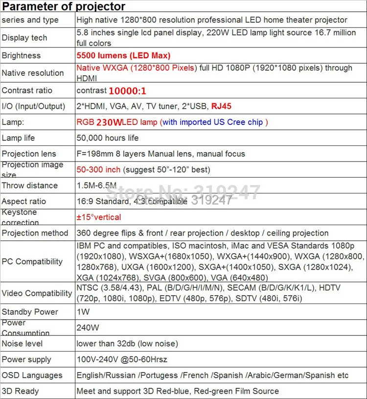 1280x800 умный Android 4,4 Bluetooth Wifi 5500 люмен Домашний кинотеатр Цифровой кинотеатр 1080 P HD видео ТВ ЖК-проектор 3D проектор