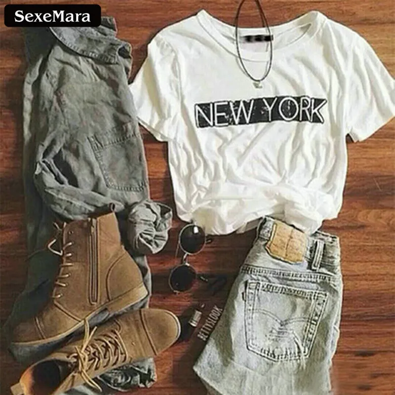 

2018 Top Sale "NEW YORK" Printed T shirts Fashion Short Sleeve Dew Navel Crop Top Harajuku Sexy Fitness Women Short Tops F1001
