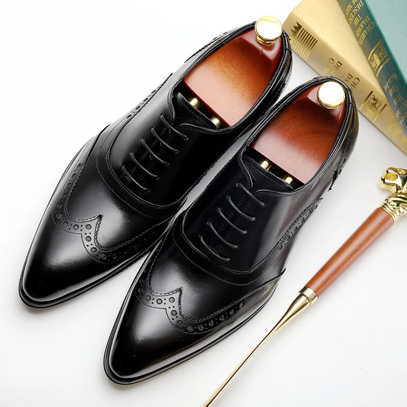 

2019 Head Cowhide Sharp Man Correct Dress Leather Shoes Manual High Male Shoe Single Shoe