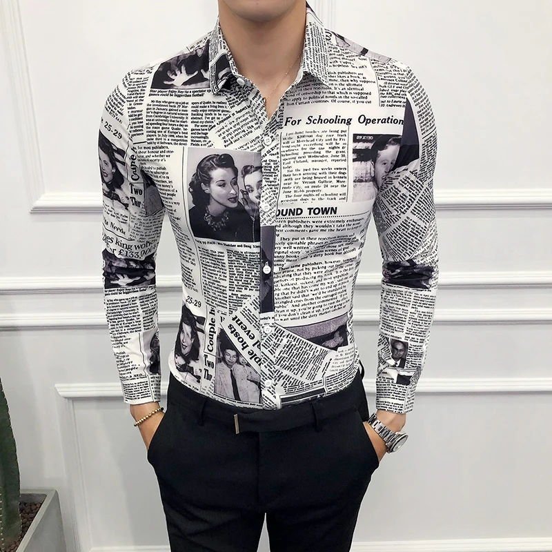 Mens Fashion Casual Long Sleeve Shirt Business Slim Fit Shirt Print Blouse Top