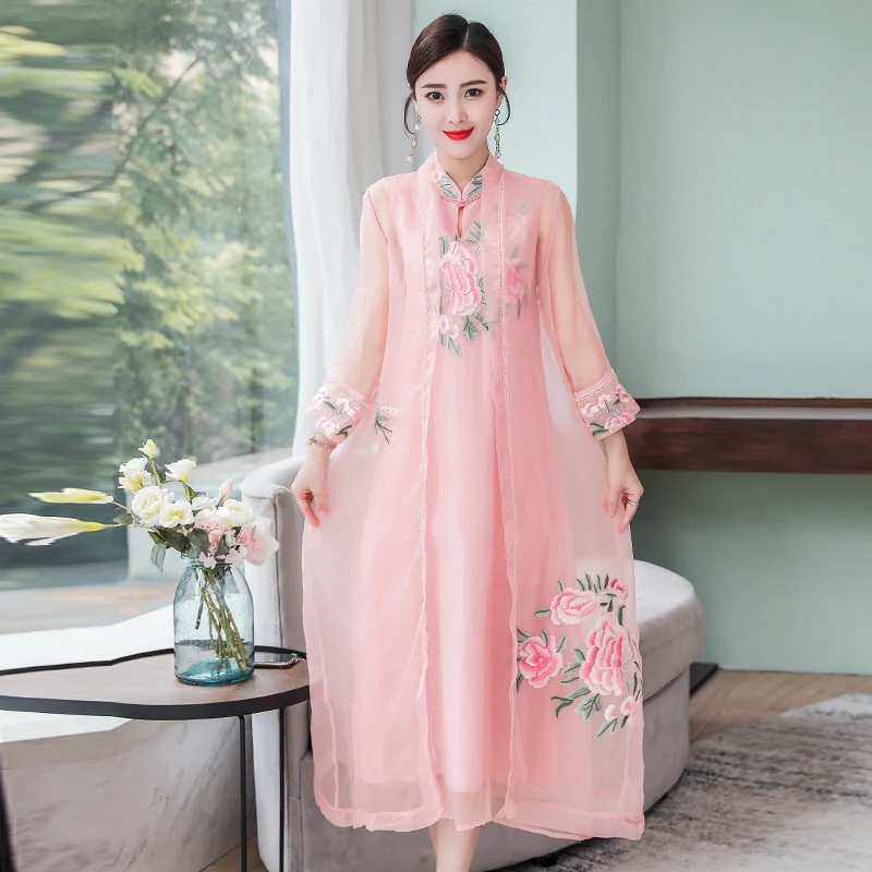 

Plus Size 3XL Summer Women Vintage Floral Embroidery Party Dress Loose Casual 2 Pieces Midi-Calf Dresses Vestidos