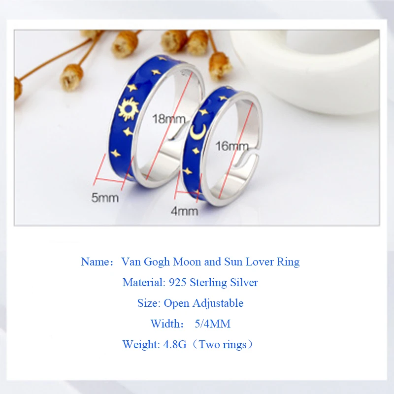 Qevila Rings Genuine 925 Silver Van Gogh Gold Moon Star Sun Enamel Canvas Finger Ring Romantic gifts for Women men Lover Jewelry (2)