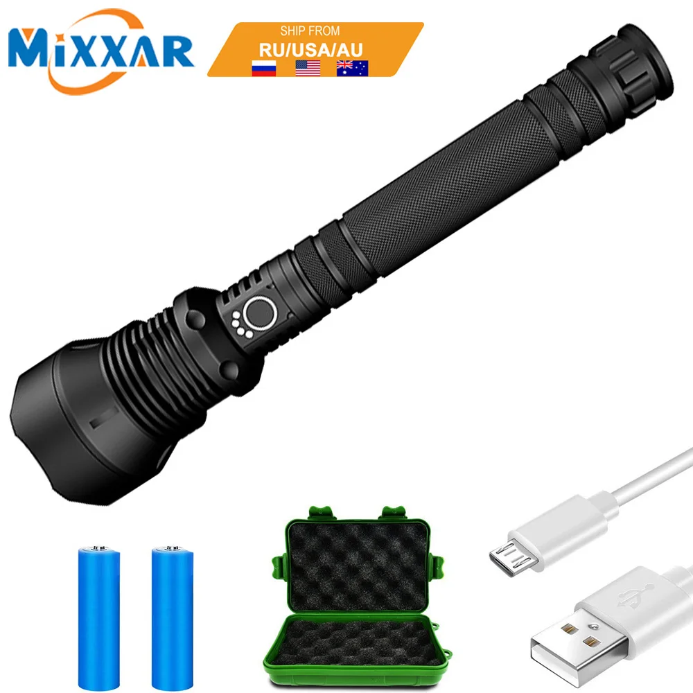 

EZK20 Dropshipping LED Tactical Flashlight XHP70 USB Rechargeable Waterproof Zoomable Torch 50000 Lumens 3 Modes for Camping