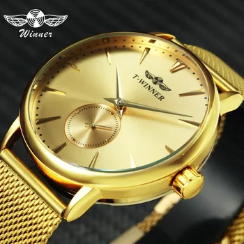 

WINNER Top Brand Luxury Golden Mechanical Watch Men Mesh Strap Ultra Thin Design Fashion Minimalist Couple Wristwatch Lover Gift