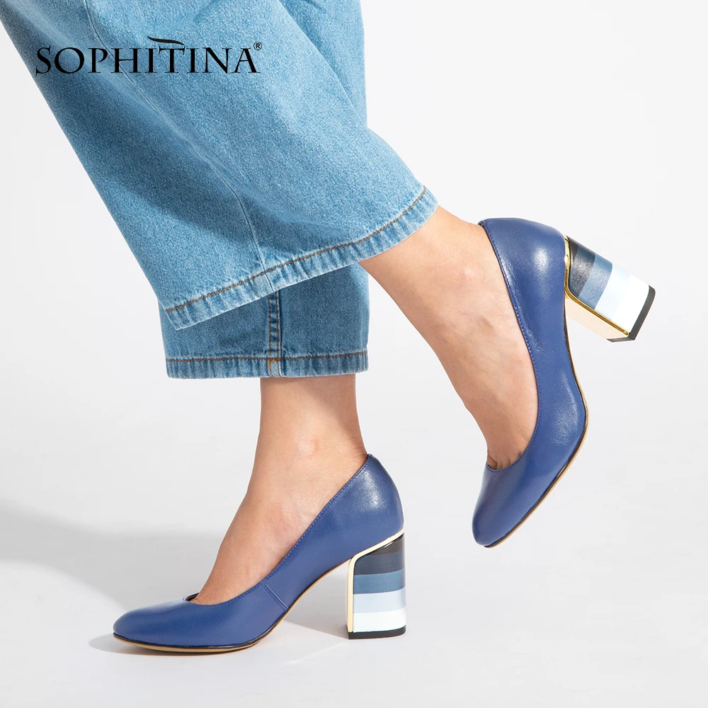 SOPHITINA 2019 Hot Sale Pumps Fashion Colorful Square Heel High Quality Sheepskin Round Toe Shoes New Elegant Women's Pumps W10