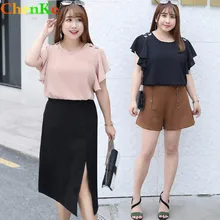 ChenKe Летние шифоновые топы Плюс Размер Топы женские розовые черные женские с оборками с коротким рукавом Свободные однотонные с двойным отверстием Tether 4XL