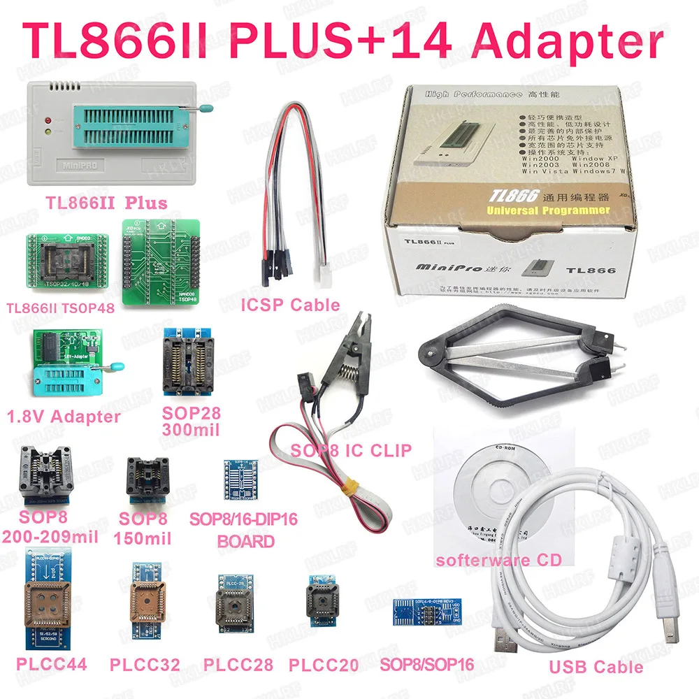 

XGECU Original New TL866II PLUS Universal Programmer+14 Adapters+TSOP32 TSOP48 Adapter +Test Clip TL866 Bios High Speed EPROM