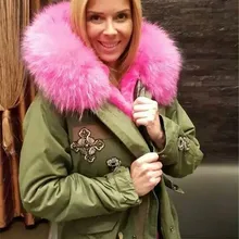 Модная новая стильная розовая куртка с большим воротником из меха енота с подкладкой из натурального Лисьего меха зеленая парка с мехом