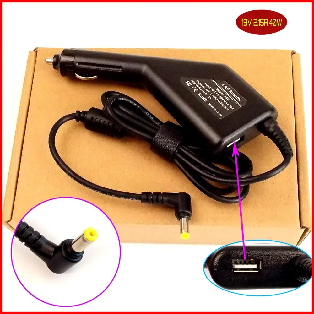 Laptop DC Power Car Adapter Charger 19V 2.15A + USB Port for Acer Aspire One D150 D257 D257