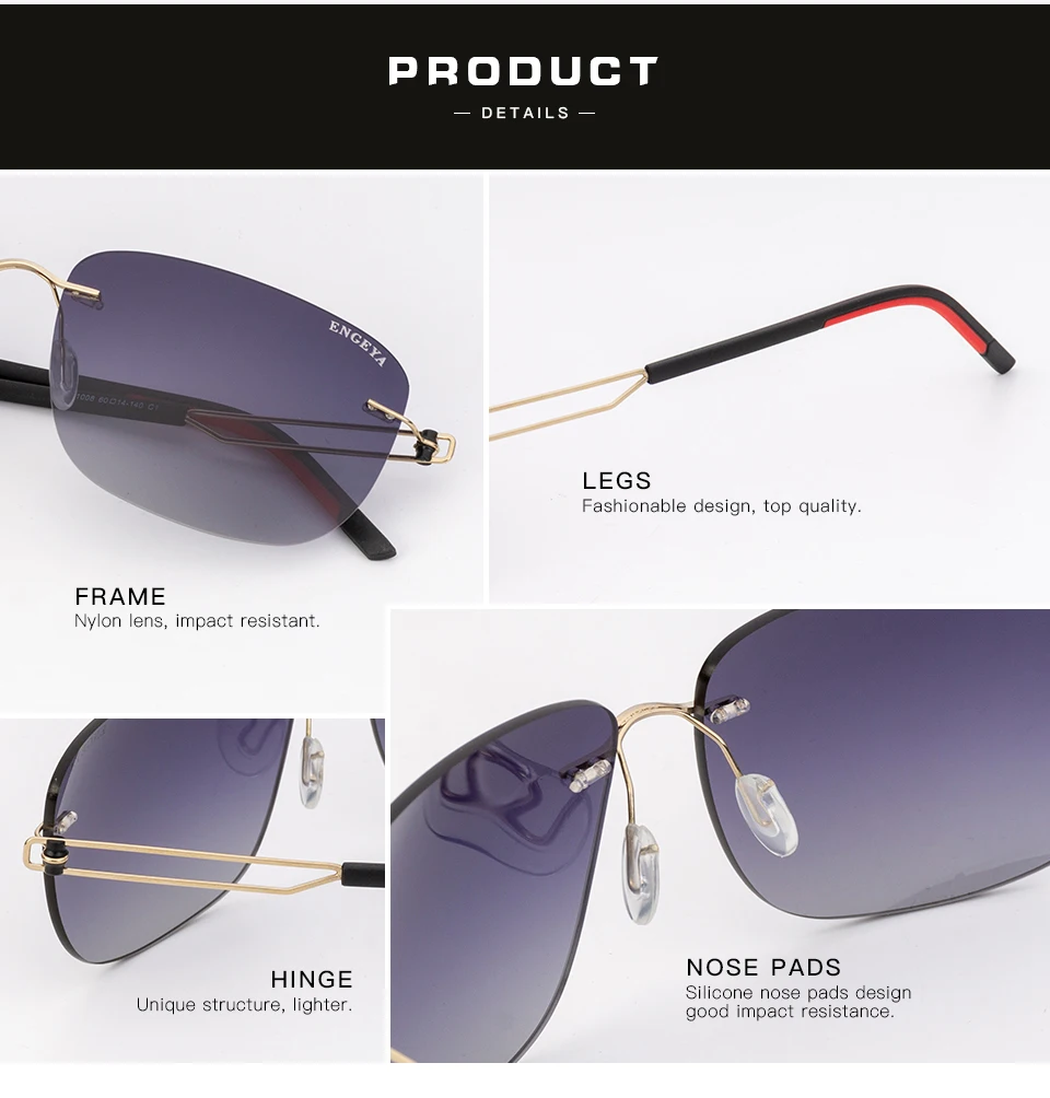 ENGEYA, высококачественные металлические роскошные Брендовые мужские солнцезащитные очки, полароидные линзы, UV400, квадратные, дизайнерские, для вождения, без оправы, солнцезащитные очки# T11008