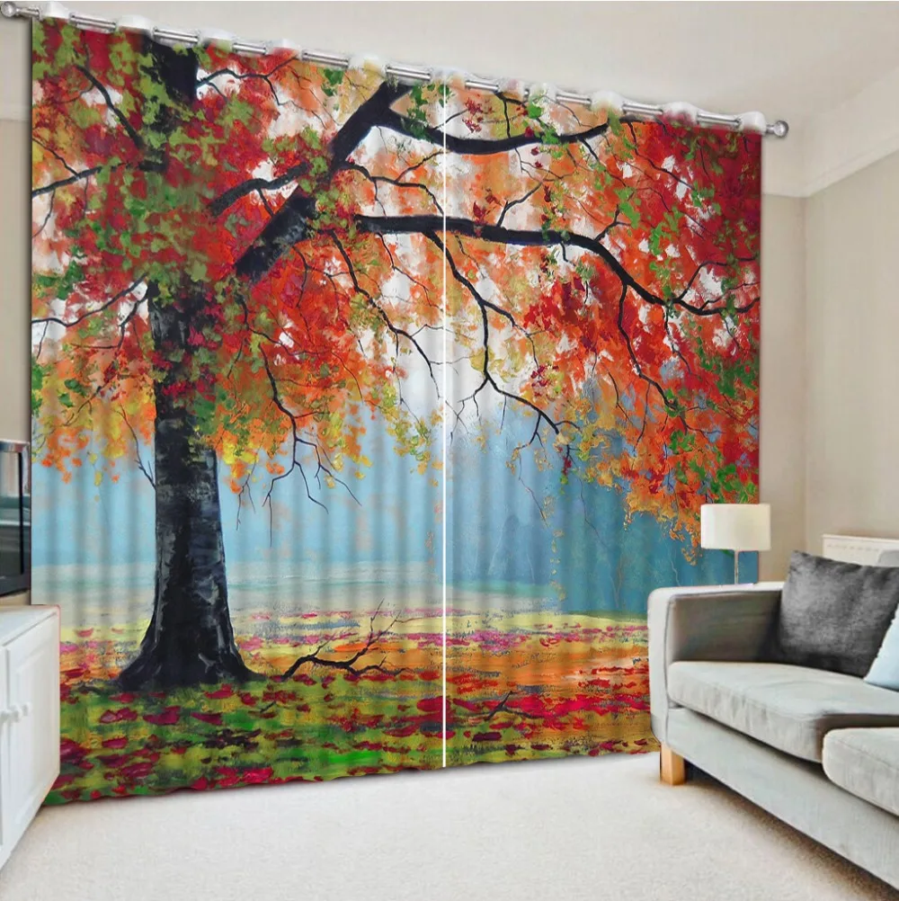 Red Painting Tree 3D Blockout Photo Curtain Printing Curtains Fabric Kids Window 