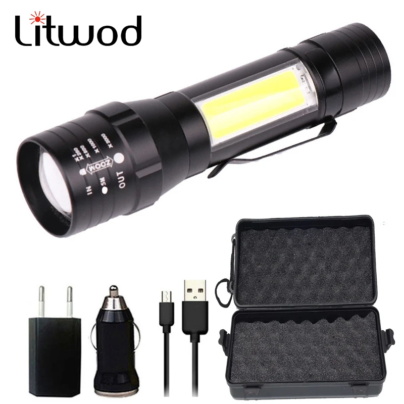 

Litwod Z203101 built-in battery CREE XM-L2 T6 COB LED Flashlight Torch Aluminum alloy rechargeable lantern for Camping light