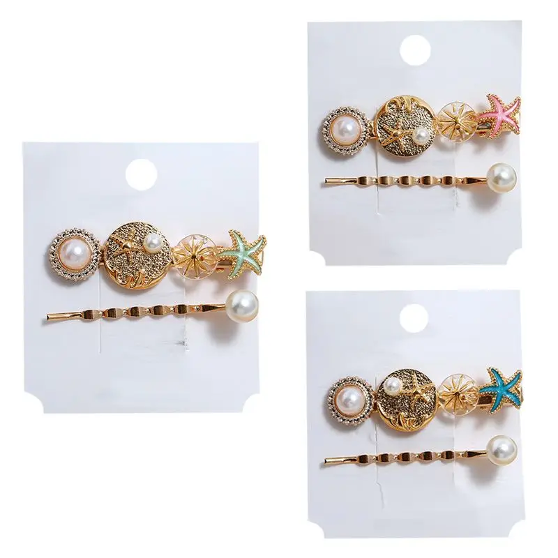 

Ocean Vacation Side Bangs Hairpin Women Girl Drop Oil Starfish Imitation Pearl Hair Clip Metal Round Slice Hair Styling Barrette