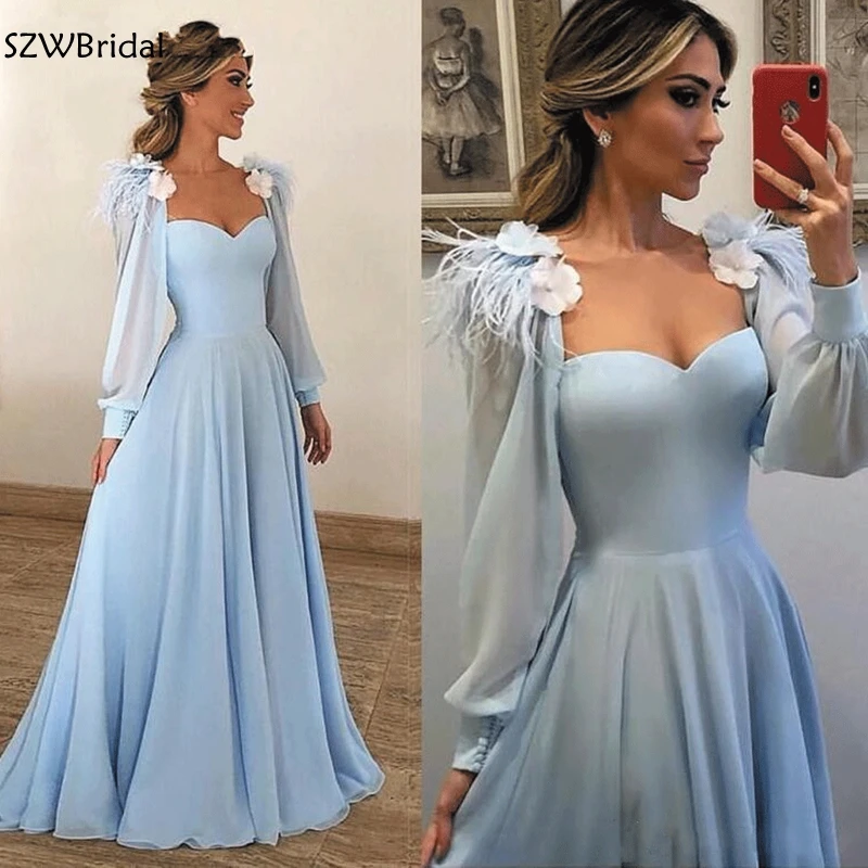 

New Arrival Chiffon Long sleeve evening dresses with Feathers Chiffon Evening gown 2019 Abiye elbise Dubai Arabic evening dress