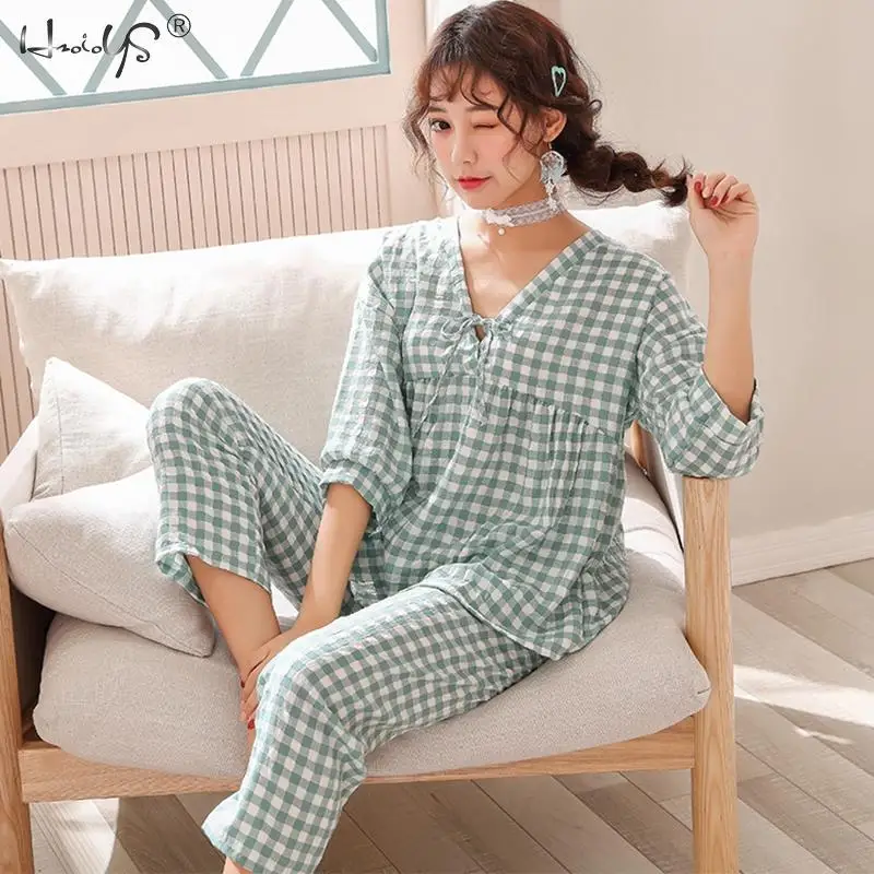 Новое поступление, Женский пижамный комплект, одежда для сна, женский из смеси хлопка, серые пижамы в клетку, Осенние повседневные свободные пижамы, домашняя одежда