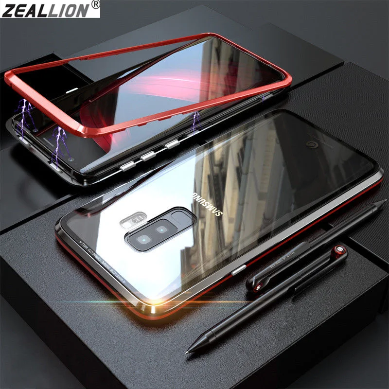 ZEALLION For Samsung Galaxy S8 S9 Plus S9+ Magnetic Adsorption Flip Phone Case Metal Tempered Glass Cover |