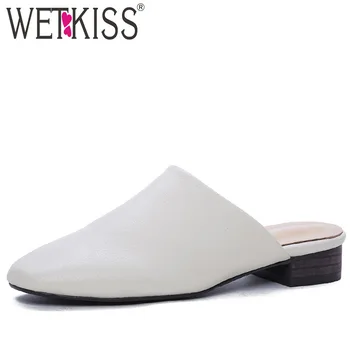 

WETKISS Thick Low Heels Slippers Women Square Toe Footwear Fashion Casual Slides Shoes Sheepskin Mules Shoes Woman Summer 2019