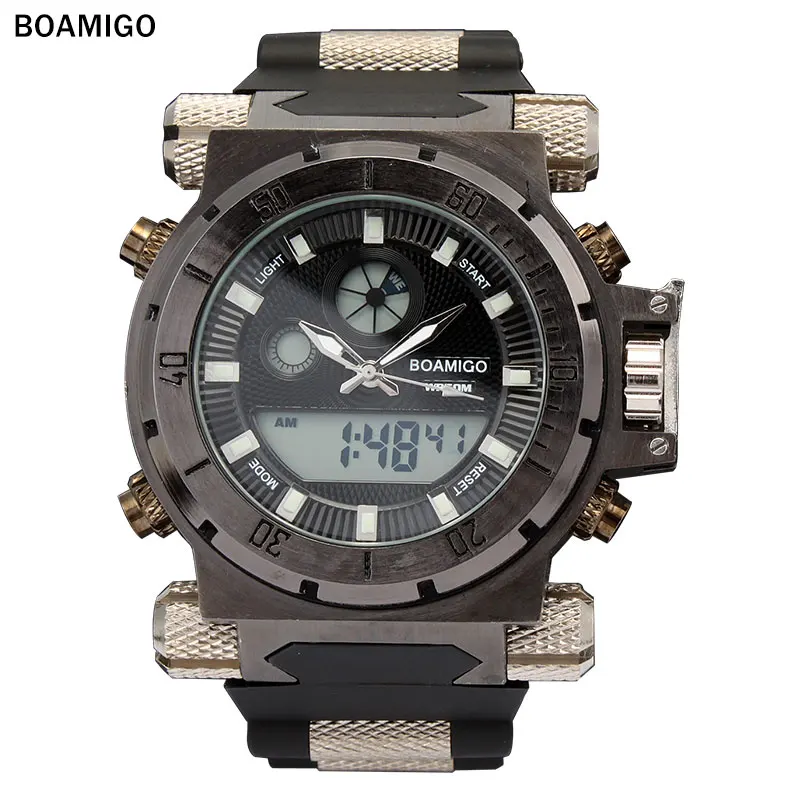 

BOAMIGO 50m Waterproof Sports Watch Man Top Brand Dual Time Quartz Watches Mens Big Dail Rubber Strap Chronograph Wristwatches