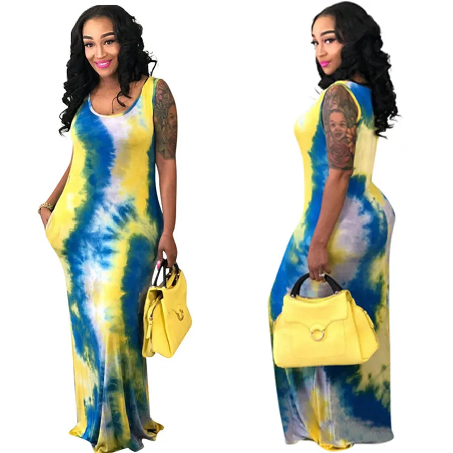 

Tie Dye Dress Streetwear Dress Print Sleeveless Robe Femme Longue Tank O Neck Floor Length Sukienka Letnia Summer Women Clothes