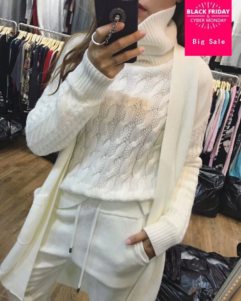 

Fashion brand Winter Woolen and Cashmere Knitted warm Suit Turtleneck Sweater + Mink Cashmere Trousers Leisure Two-piece wj1813